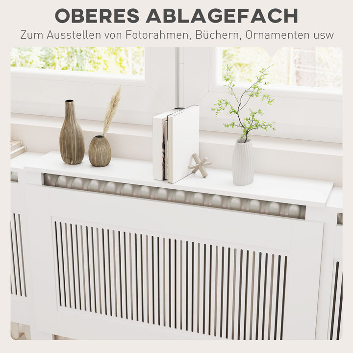 Radiatordæksel lameldesign justerbar længde 125-201cm mdf hvid