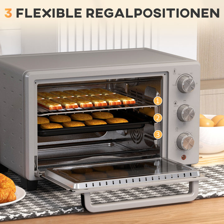 Miniovn, 21 l brødristerovn med 1 rist og 1 bageplade, 3 tilberedningstilstande, 100°c-230°c, rustfrit stål, glas, sølv