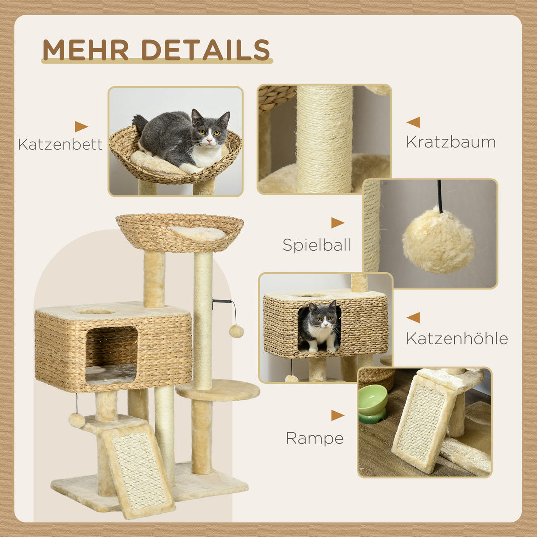 Kradsetræ til katte, 1 kattehule, 1 katteseng, 1 liggeflade, 1 rampe, 60 cm x 40 cm x 98 cm, naturlig + beige