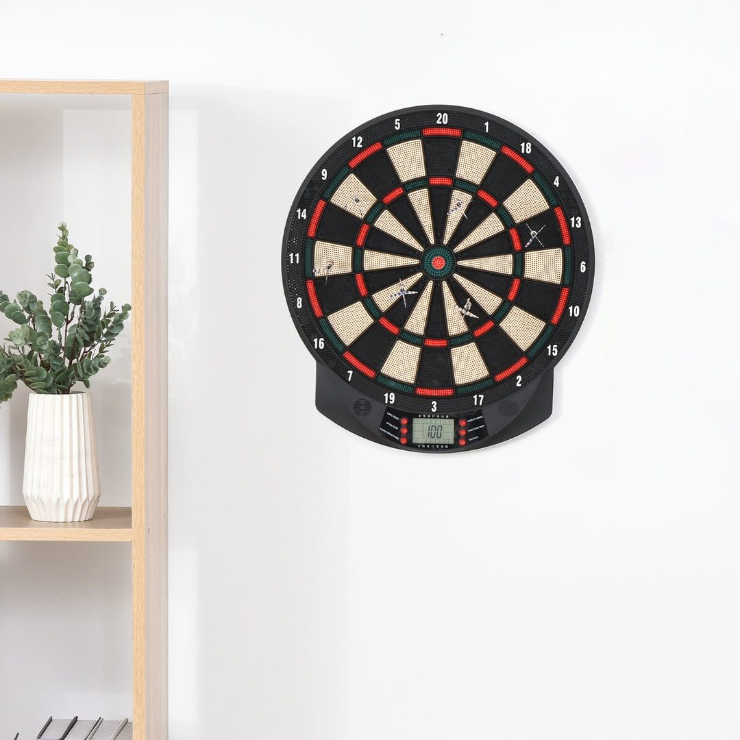 Elektronisk dartskive med automatisk scoring, dartsæt med 6 pile, 30 pilhoveder, 26 spil og 185 scoringsmuligheder til 8 spillere, lydeffekter, sort, 44 x 39,5 x 2,2 cm