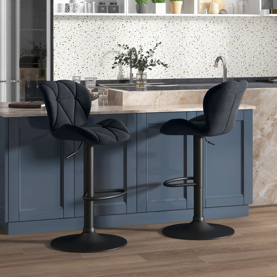 Sæt med 2 barstole, drejestole med ryglæn, højdejusterbar bistroskammel, barskammel, fløjlsberøring, armløs, skum, sort, 51,5 x 57,5 x 93-114,5 cm