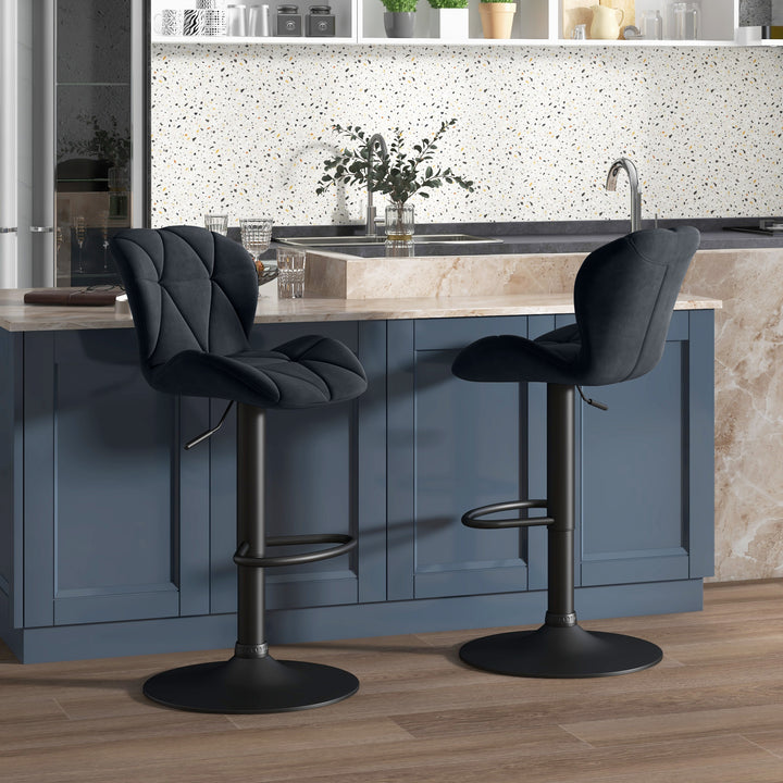 Sæt med 2 barstole, drejestole med ryglæn, højdejusterbar bistroskammel, barskammel, fløjlsberøring, armløs, skum, sort, 51,5 x 57,5 x 93-114,5 cm