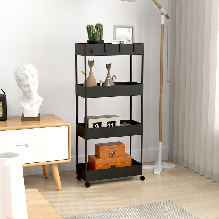 Køkkenvogn med 4 hylder, 4 fleksible kroge, 4 hjul, 40 cm x 19 cm x 90 cm, nichevogn, sort