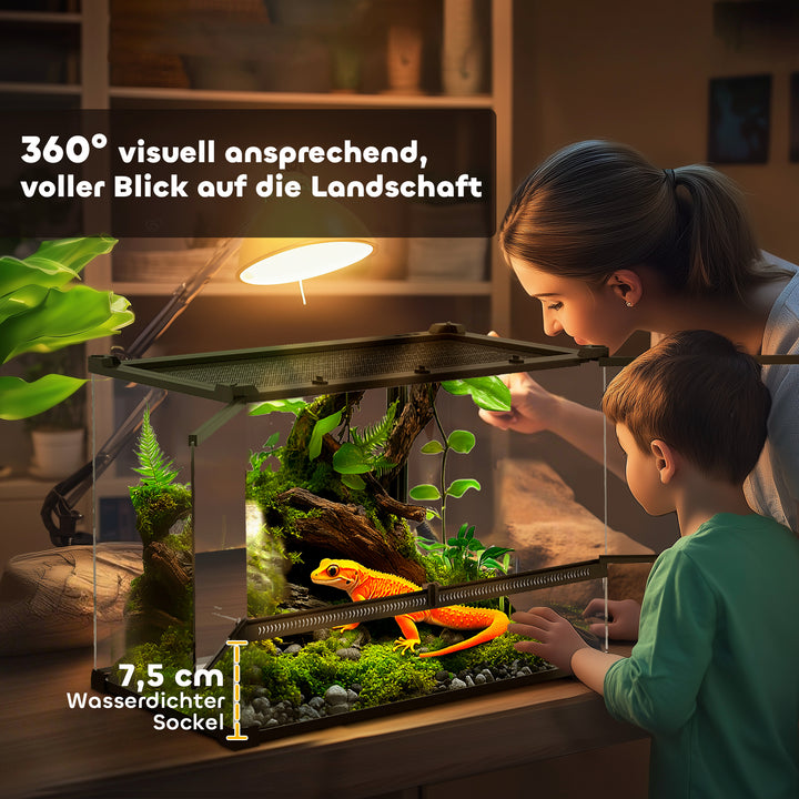 Glas krybdyrterrarium med hævet og vandtæt bund og knaplås
