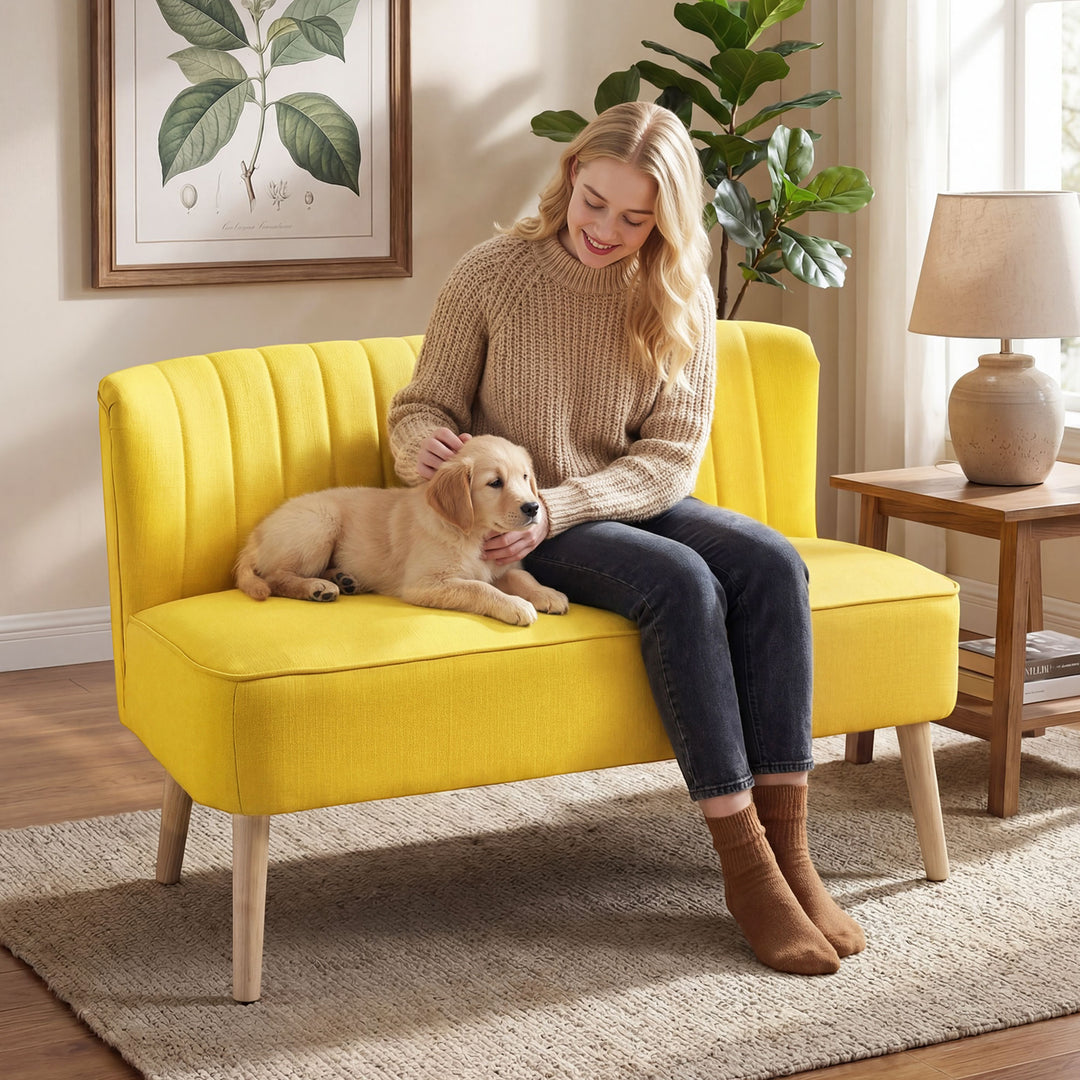 2-personers sofa, blød polstring, letplejeligt betræk, op til 220 kg, 117 x 56,5 x 77 cm, gul