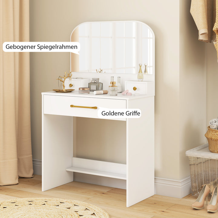 Toiletbord med spejl, kompakt toiletbord med 3 skuffer, hvid