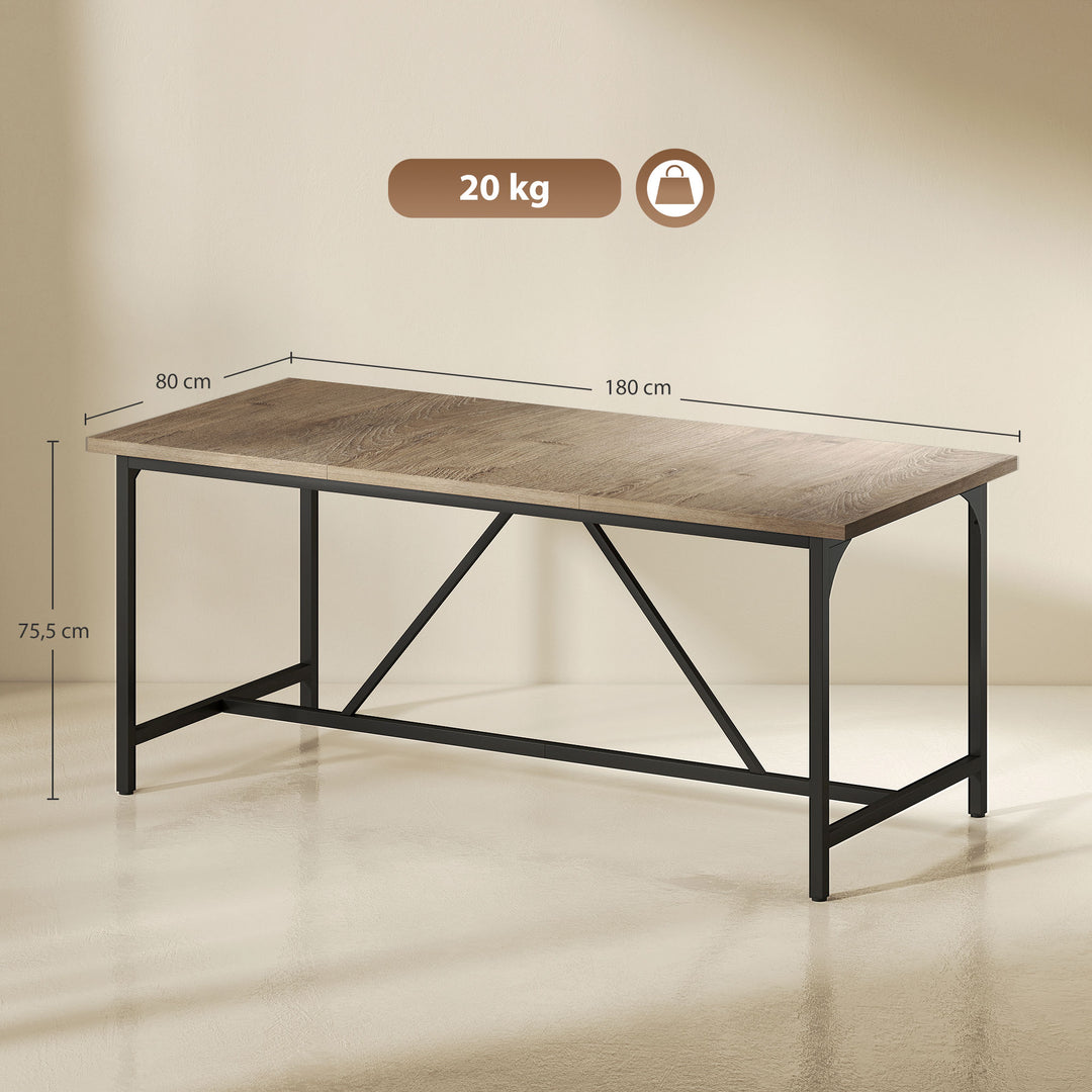 Spisebord til 6-8 personer. Moderne rektangulært køkkenbord med trælook, 180 x 80 x 75,5 cm, naturfarvet.