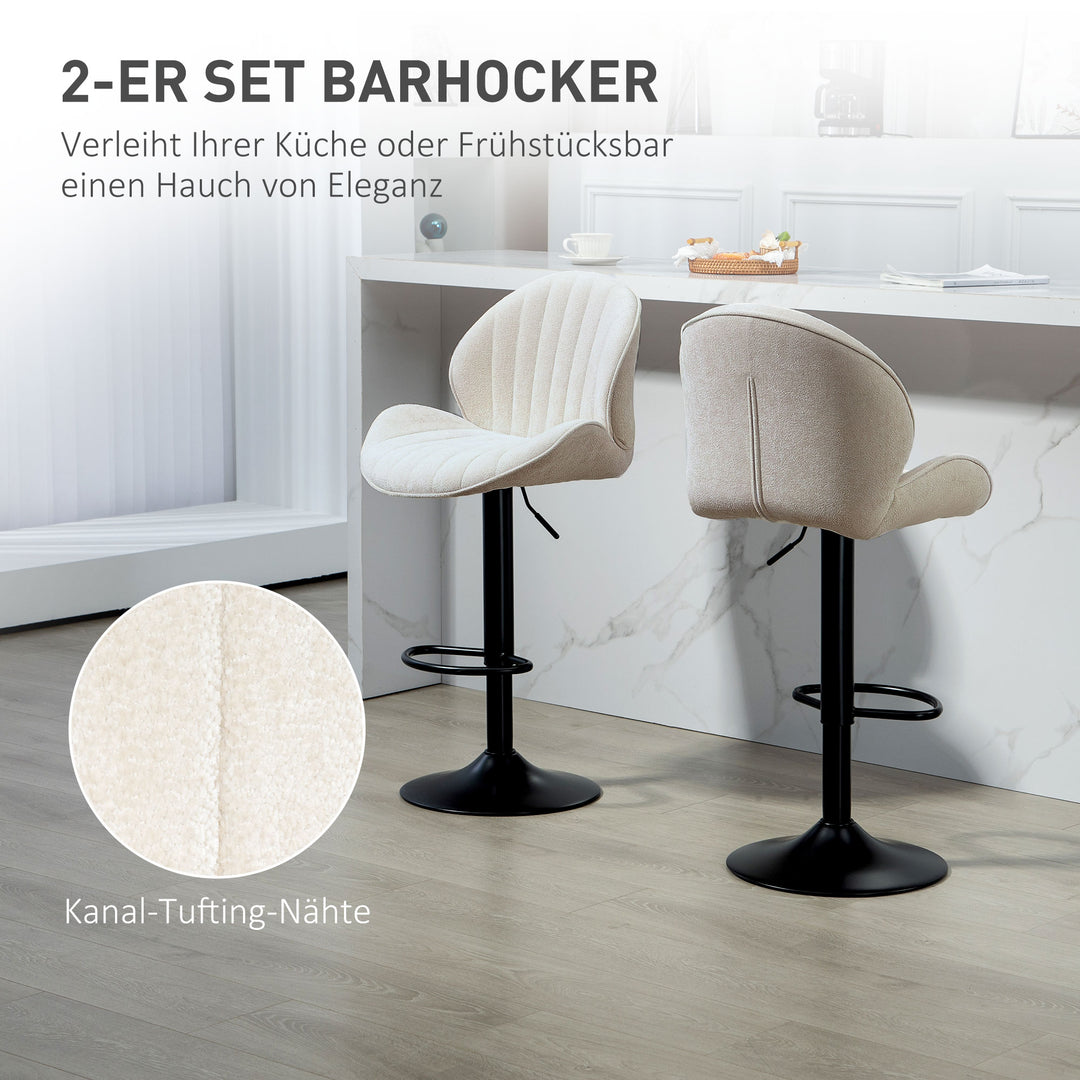 Sæt med 2 barstole, stofbetræk, justerbar sædehøjde, drejelig, stålstel, beige