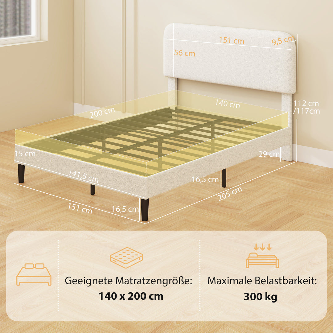Seng 140x200 cm sengestel med justerbar, polstret hovedgærde i teddyfleece, nem montering, hvid