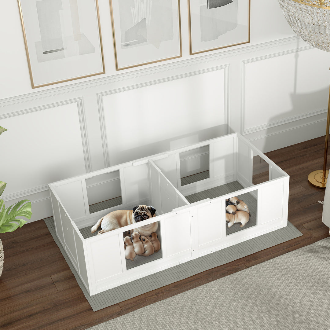 Hvalpekasse til hunde, med klare paneler, design med 2 rum, til små hunde