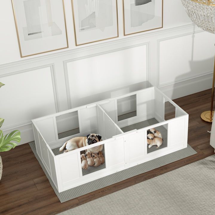 Hvalpekasse til hunde, med klare paneler, design med 2 rum, til små hunde