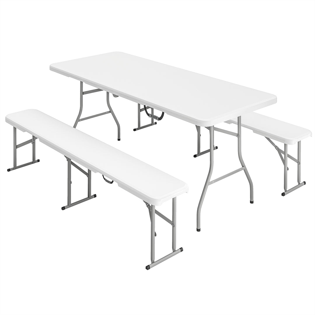 3-delt picnicbordsæt, 1 bord, 2 bænke, foldbart campingbord med bærehåndtag, plastik, metal, hvid
