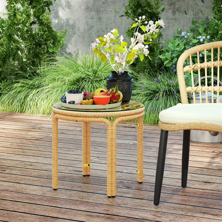 Sidebord lavet af polyrattan rundt sofabord med glasbordplade natbord ø50 cm gul