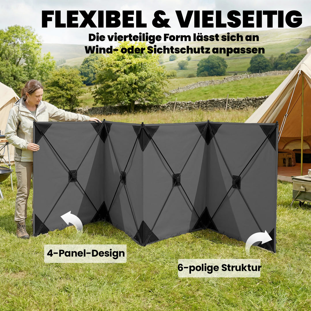 Sammenklappelig læhegn/campingskærm med barduner, jordpløkker og bæretaske til camping og havebrug, 480 x 120 cm, mørkegrå