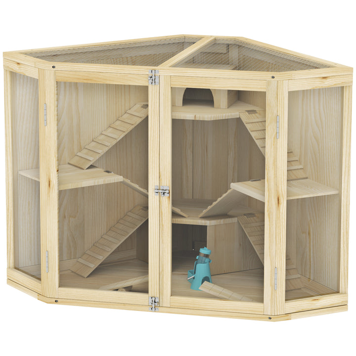 Hamsterbur, 4-etagers design, med foderstation, vippe, rampe, hytter, 115 x 69,5 x 79 cm, træ