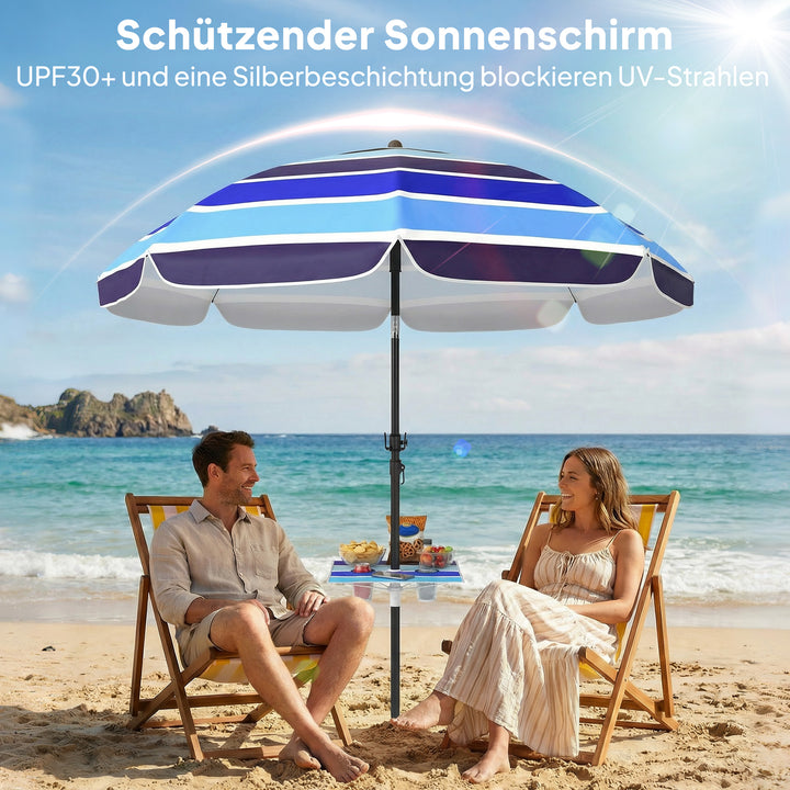 Strandparasol Ø198 cm UV30+ Strandparasol med foldbart bord, kopholder, justerbar hældning, flerfarvet
