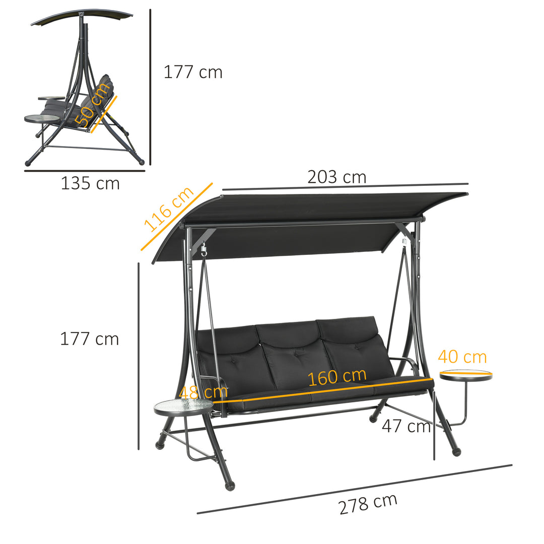 Hollywood gynge, gyngebænk, 3-personers havegynge med justerbar solskærm, 278 x 135 x 177 cm, sort