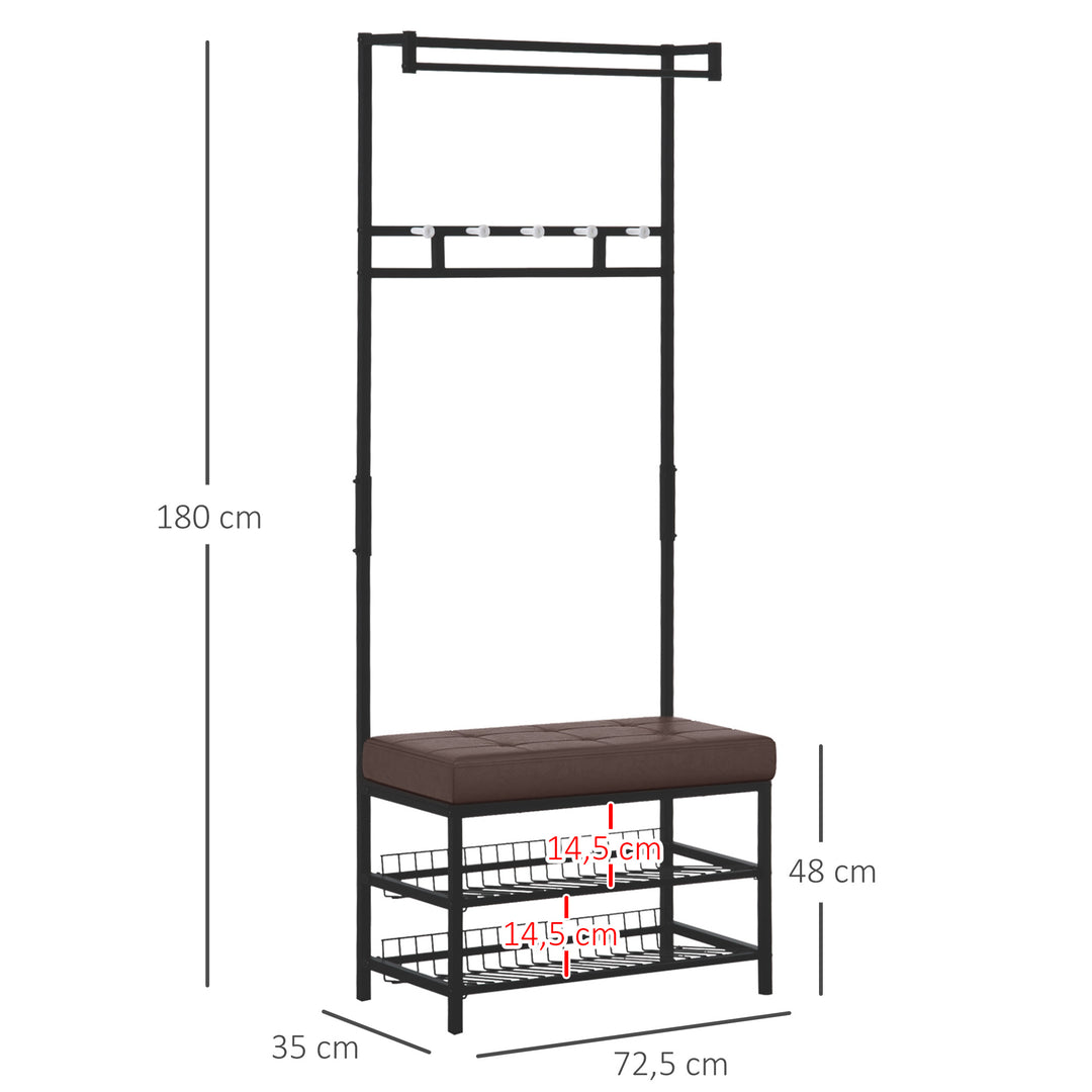 Knagerække med 5 kroge og 2-lags skobænk i metal til entré, soveværelse, 72,5 x 35 x 180 cm