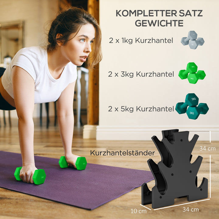 Håndvægtsæt med opbevaringsstativ, sæt med 6 håndvægte til fitnesstræning, 2 x 1 kg, 2 x 3 kg, 2 x 5 kg