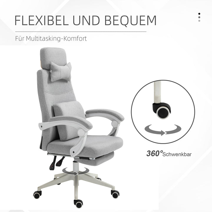 Kontorstol, ergonomisk skrivebordsstol med nakkestøtte, lændehynde, højdejusterbar gamingstol med fodstøtte, høj ryglæn, grå 62 x 68 x 117-127 cm