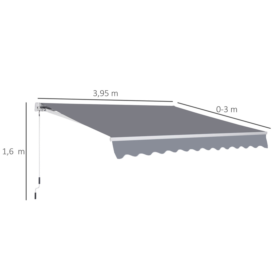 Markise med leddelt arm, justerbar klemme, terrassemarkise, 3,95 x 3 m solafskærmning med håndsving, balkonmarkise, grå