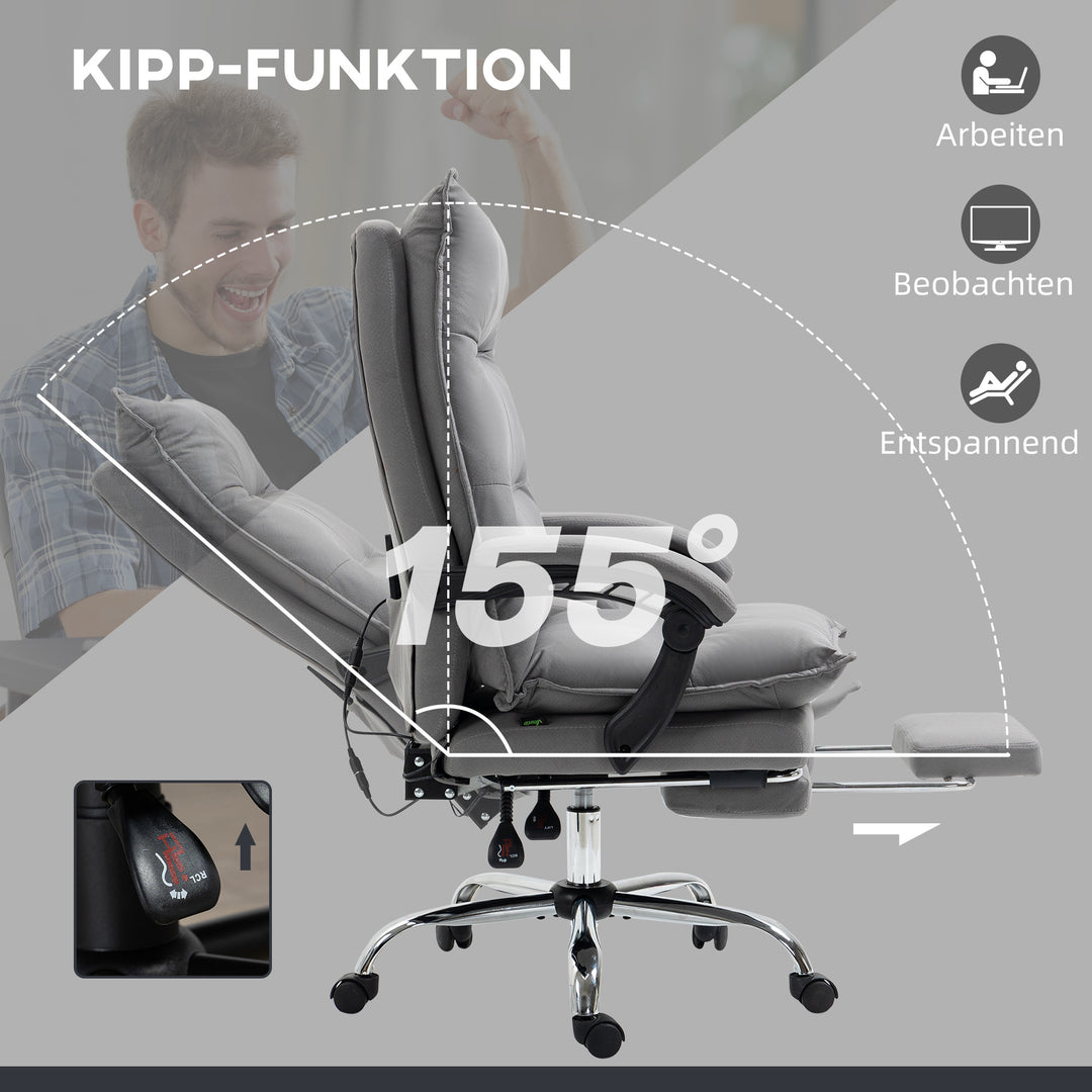 Kontorstol med massagefunktion, varmefunktion, fjernbetjening, udtrækkelig fodstøtte, vipbar, grå