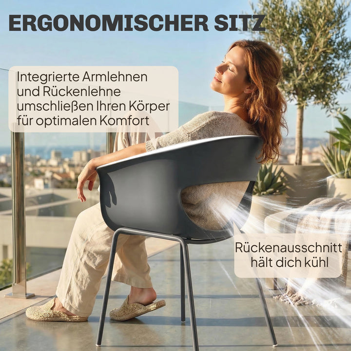 Sæt med 4 ergonomiske havestole, balkonstole med udskæringsdesign, armlæn, vejrbestandige, rustfri, mørkegrå
