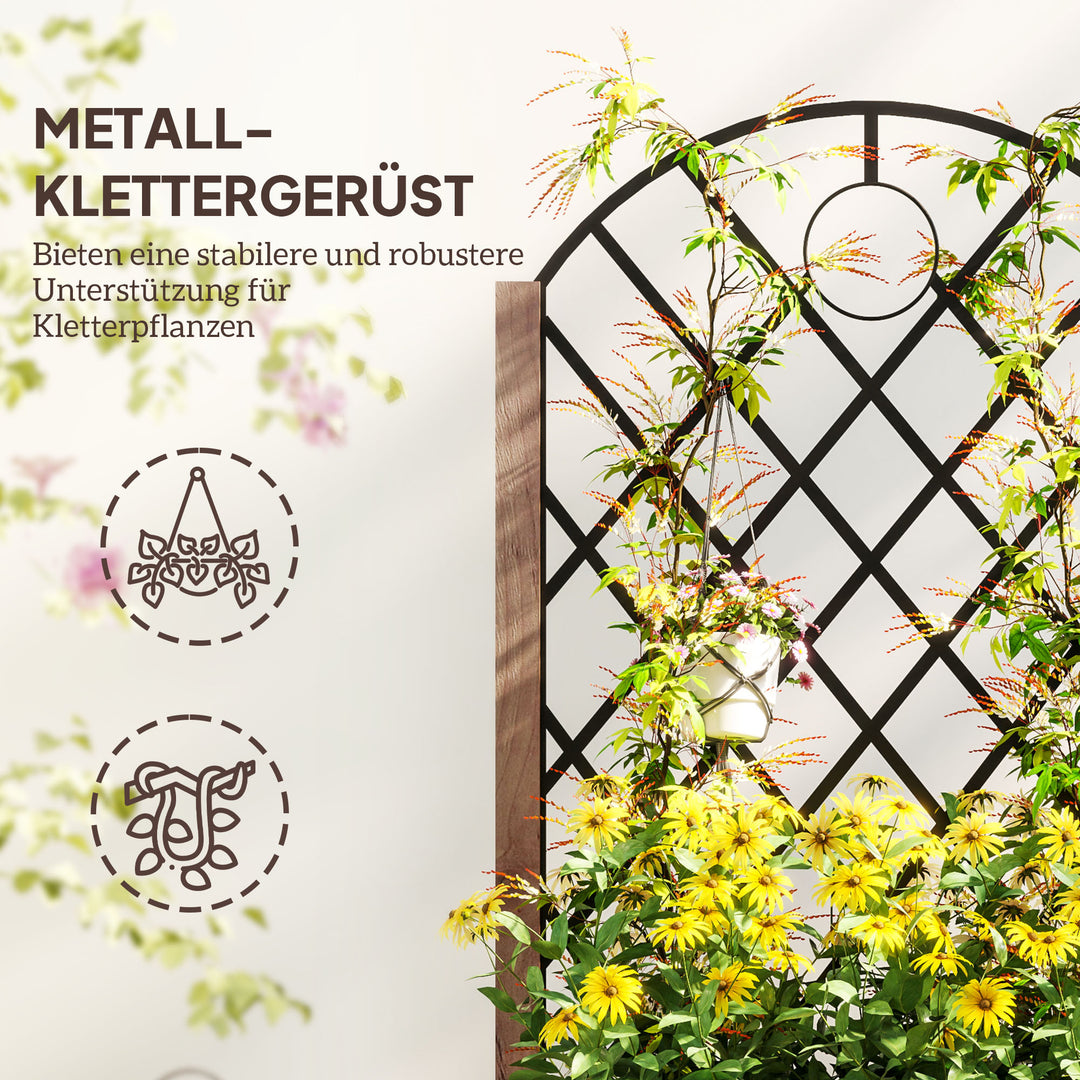 Sæt med 2 hævede havebede/plantekasser med hjul, espalier og plantepotter/blomsterkasser, træ, 52x25x97cm, brun
