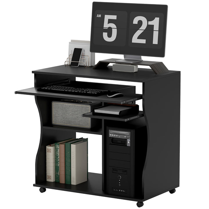 Computerbord med hjul, skrivebord med opbevaring, 80 x 48 x 75 cm, sort