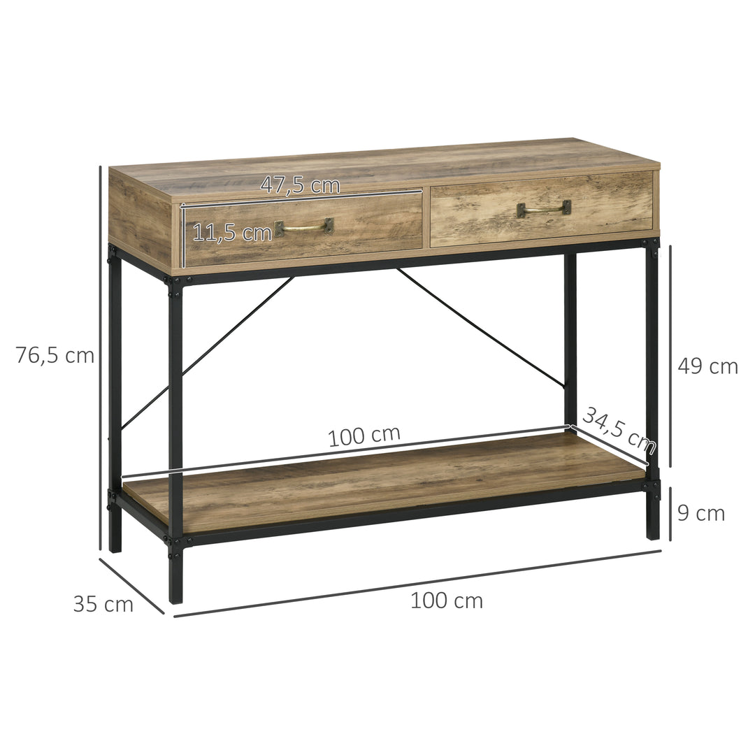 Konsolbord entrebord med hylde og 2 skuffer, 100 x 35 x 76,5 cm sidebord sofabord udstillingsbord til lille rum, entré, entre, stue brun+sort