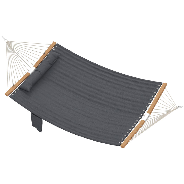 Udendørs hængekøje 200x140cm, dobbeltlags hængekøje med nakkestøtte, magasinlomme, træstænger, op til 200kg