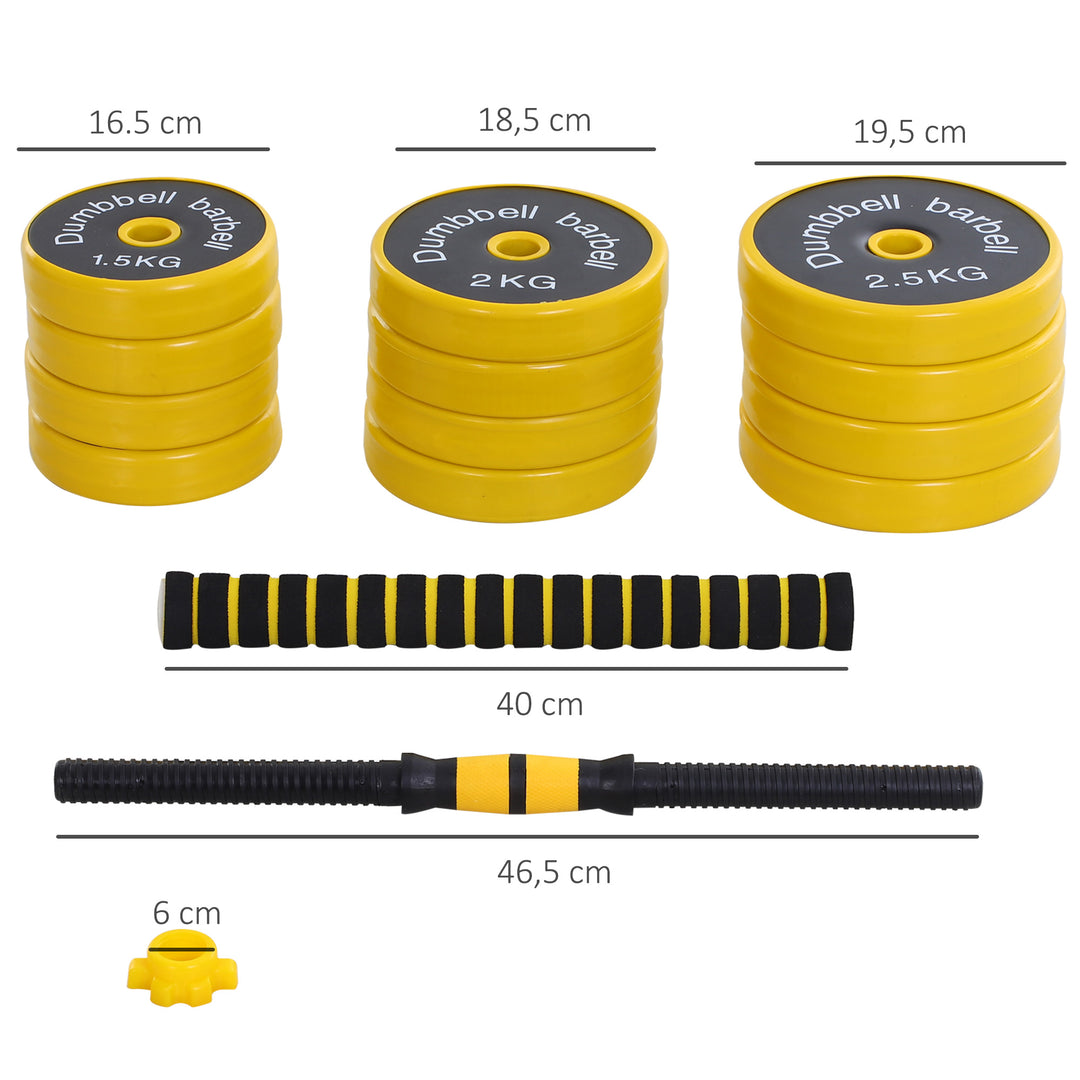 25 Kg håndvægt og vægtstang, justerbart ergonomisk 3-i-1 håndvægtsæt, 12 skiver, 2 korte stave, 1 lang stav, gul + sort