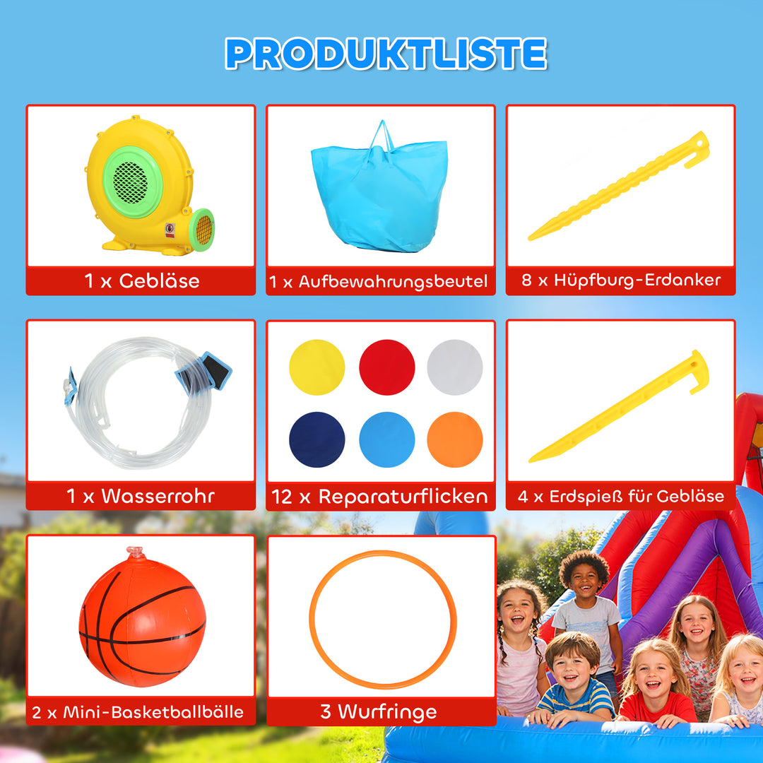 8-i-1 oppusteligt slot med blæser, rutsjebane, børnebassin, trampolin og klatrevæg til indendørs og udendørs brug, 350x325x210cm, flerfarvet
