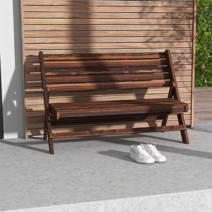 Havebænk til 2 personer, rustikt design, foldbar, naturtræ, 122 x 63 x 83 cm, forkullet overflade
