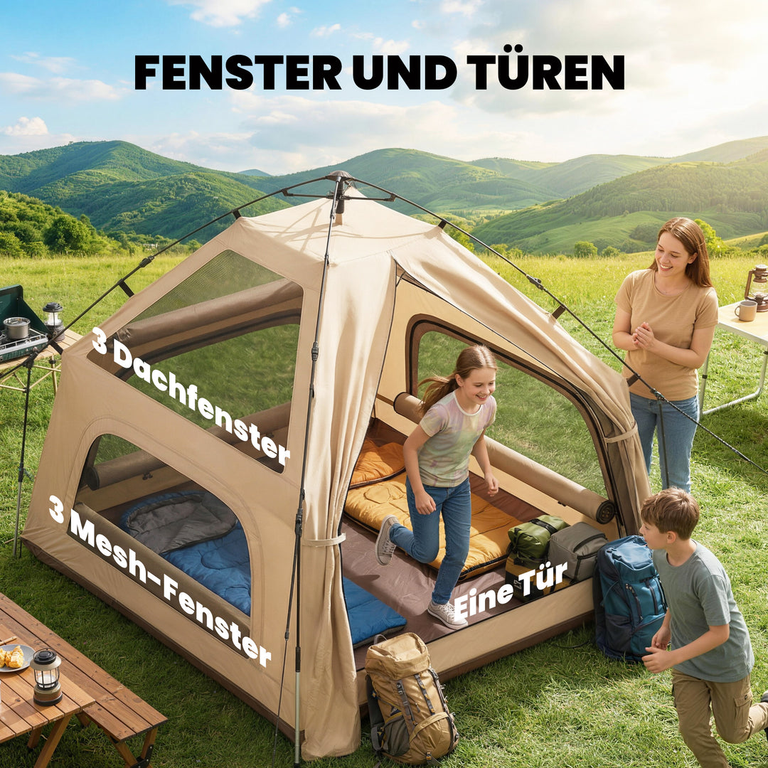Pop-up-telt med regnslag, vandtæt kuppeltelt til 2-3 personer med bund, 4 vinduer, 235x235x184 cm, khaki