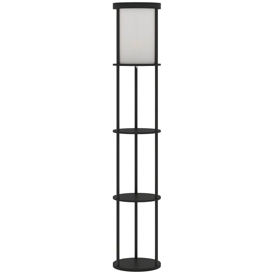 Gulvlampe med 3 hylder, rundt design, fjernbetjening, fodkontakt, justerbar lysvarme, til stue, sort