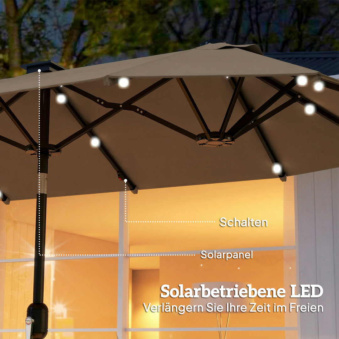 Dobbelt parasol 292 x 150 cm, parasol med LED-belysning, håndsving, vippefunktion, khaki