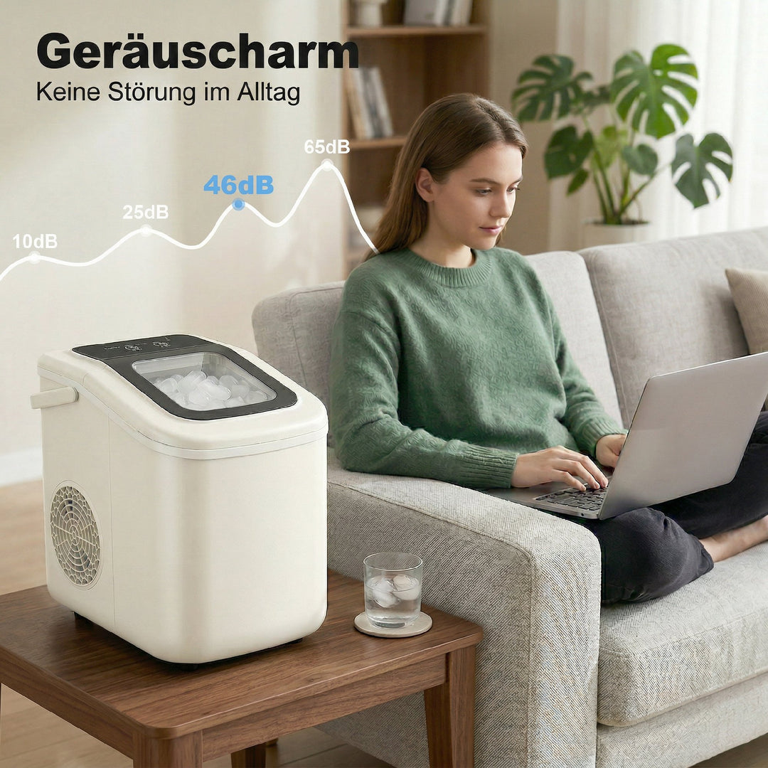 Bærbar isterningmaskine med selvrensende funktion, isske og kurv, 12 kg/24 timer, beige