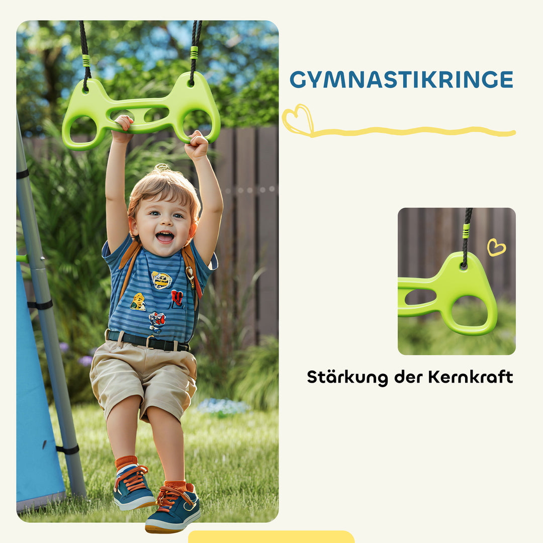 3-i-1 gyngesæt, legetelt, gynge, gymnastikringe, metal, plastik, grøn