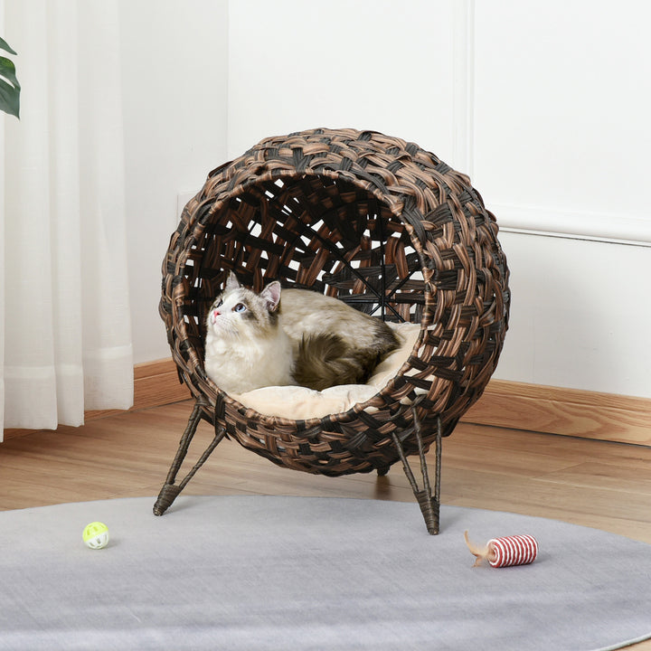 Rattan kattehus med hynde katte soveplads kattehule med hævede fødder brun 52 x 58 cm