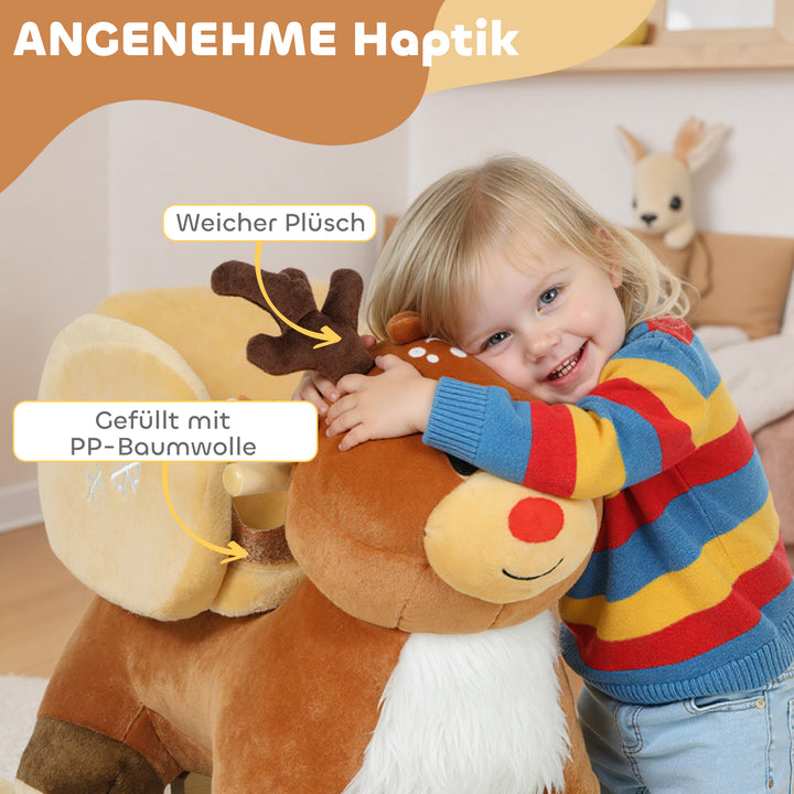 Børns gyngehest med babygyngedyr, rensdyr og vuggeviser, til 18-36 måneder, plys, 65 x 32 x 55 cm, brun