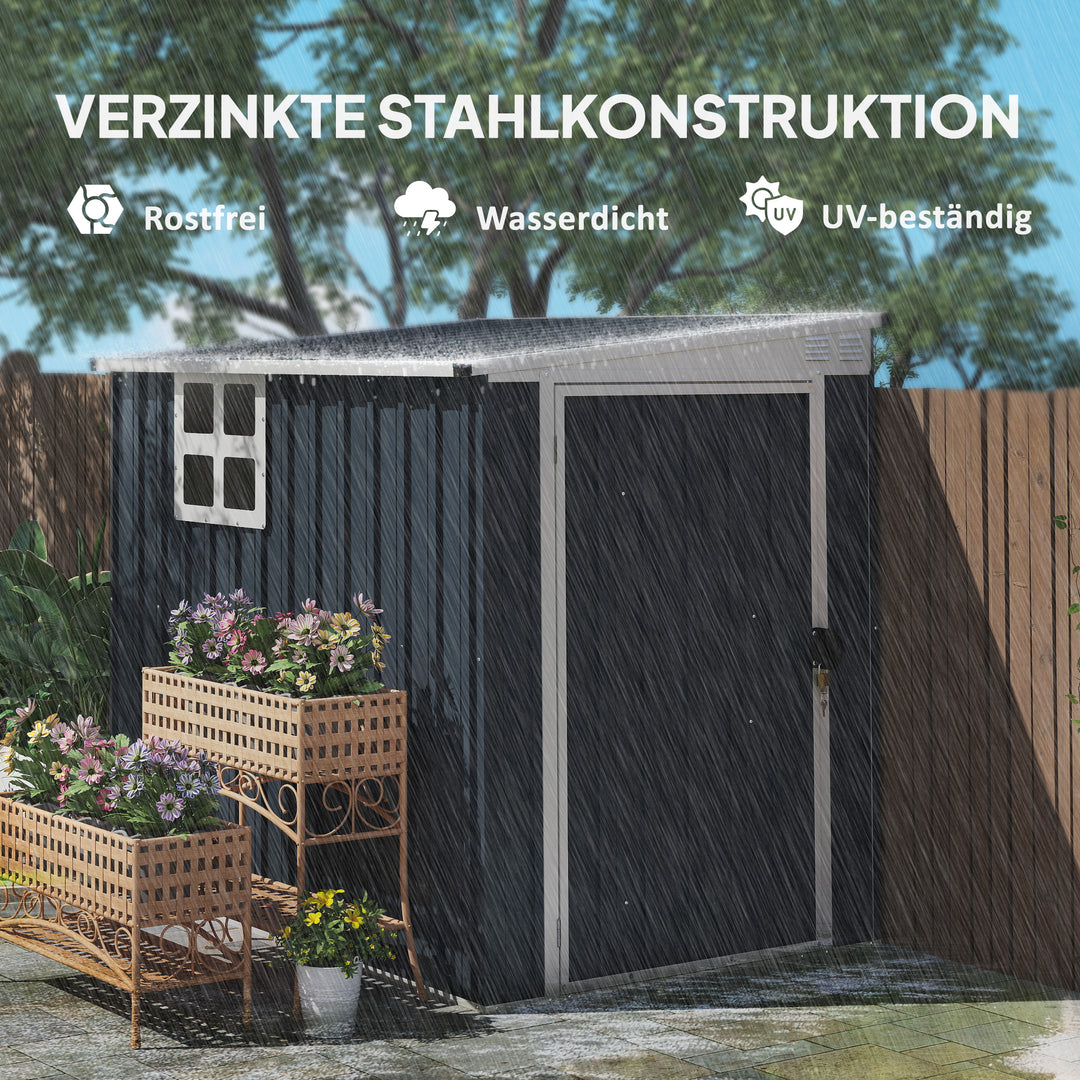 Haveskur, redskabsskur til haveredskaber, vinduer, ventilationsåbninger, aflåselig, stål, mørkegrå