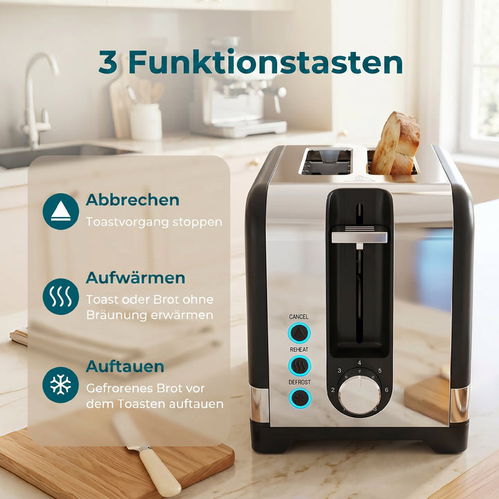 2-skives brødrister med 7 bruningsniveauer, genopvarmnings-/optønings-/annulleringsfunktioner, varmerist, 930 W