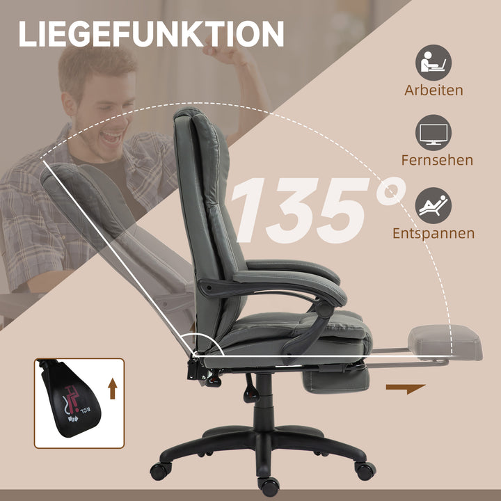 Justerbar drejestol med fodstøtte, nakkestøtte, massagefunktion, kunstlæder, 68,5 x 68,5 x 113-121 cm, mørkegrå