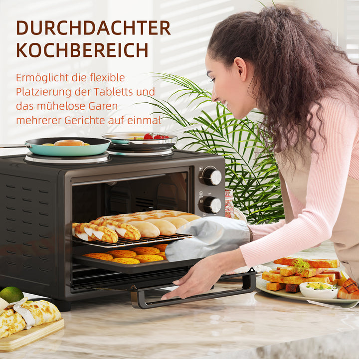 28 L brødristerovn, kompakt ovn til madlavning og grillning, elektrisk ovn med bageplade, grillrist, 2600w, sort