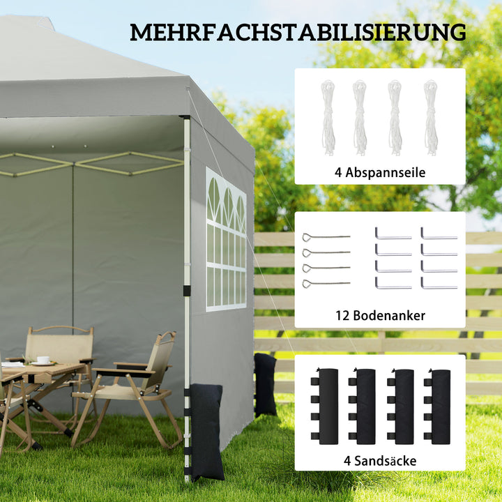 Pavillon ca. 3x3 m, vandtæt, højdejusterbar, pop-up foldbar pavillon med 3 sidepaneler, vinduesventilation, UV 50+, lysegrå