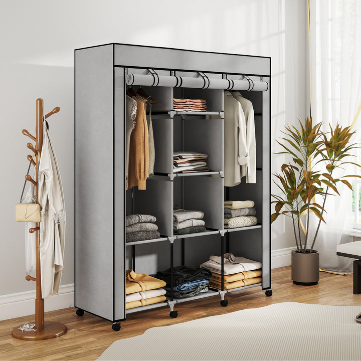 Stofgarderobe, opbevaringsløsning, 8 hylder, 2 garderobestativer, grå