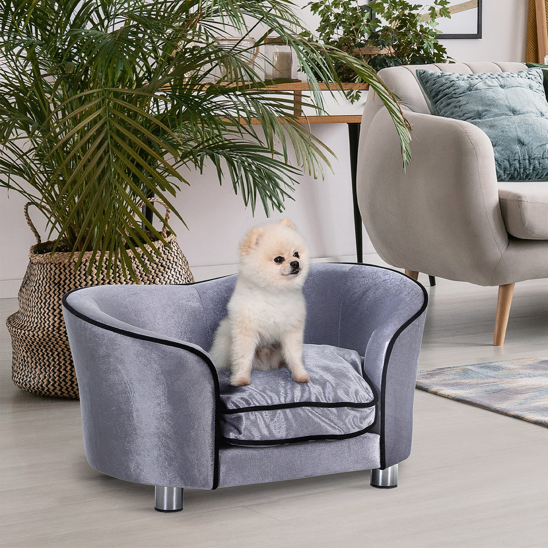 Hundesofa, hundeseng, vaskbar sædehynde, plysbetræk, naturlig træramme, lysegrå, 69 x 49 x 38 cm