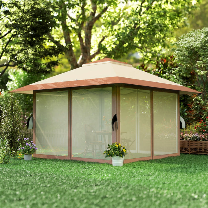 4 x 4 m havepavillon, havetelt med netvægge, UPF50+ beskyttelse, højdejusterbart partytelt, beige