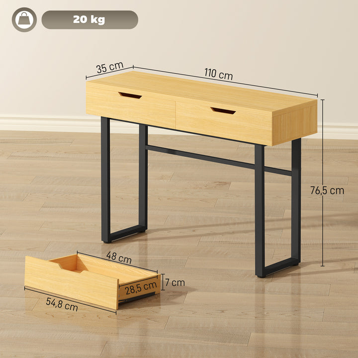 Konsolbord, smalt entrebord med 2 skuffer, metalstel, til entre, 110 x 35 x 76,5 cm, naturlig finish